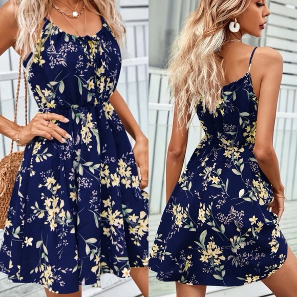 Floral print mini dress cami strap black pink boho - Picture 2 of 2